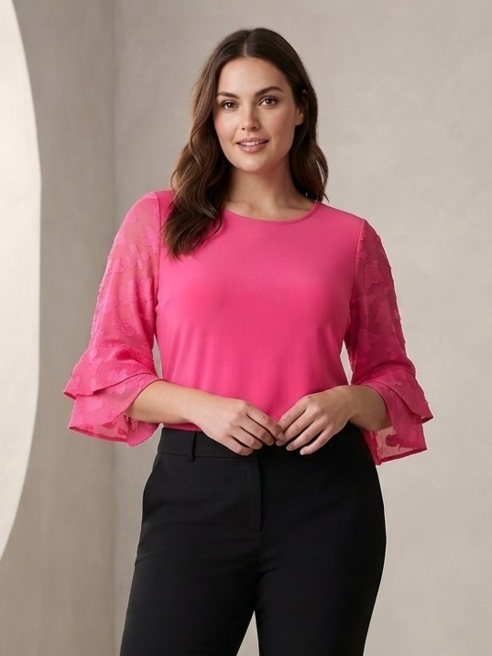CeCe Hot Pink Lace Ruffle Sleeve Blouse